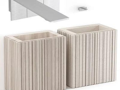 Two Square Vertical Striped Texture Washbasins With Silver Faucet And Minimalist Background 3d model