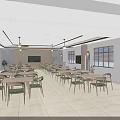 Spacious Modern Restaurant Interior With Wooden Tables Green Chairs Windows And Ceiling Lights