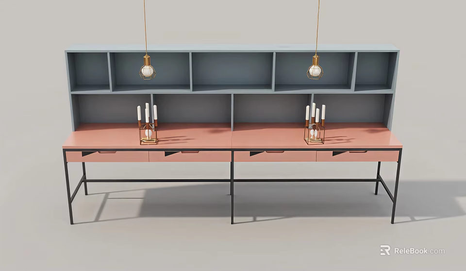 Pink Top Desk With Black Legs Grey Bookshelf Hanging Gold Pendant Lights And Candle Holders 3d model 