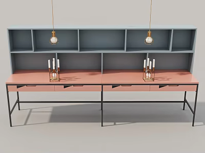 Pink Top Desk With Black Legs Grey Bookshelf Hanging Gold Pendant Lights And Candle Holders 3d model