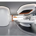 Modern Exhibition Hall Interior Design With Curved White Podium Lighting And Glass Display Cases