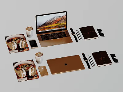 Modern Golden Laptop Setup With Headphones Smartphone Coffee Cup Notebook Pen And Watch 3d model