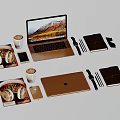 Modern Golden Laptop Setup With Headphones Smartphone Coffee Cup Notebook Pen And Watch