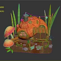 Orange Mushroom Shaped House With Green Grass Decorative Mushrooms Fence Stones And Hanging String Lights