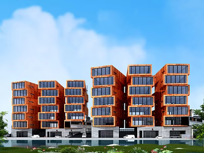 Modern Multi Story Residential Building with Orange Facade Large Windows Water Feature and Green Plants 3d model