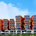 Modern Multi Story Residential Building with Orange Facade Large Windows Water Feature and Green Plants