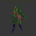 Hooded Character With Rifle And Mystical Creature In Gray Orange Robe Design
