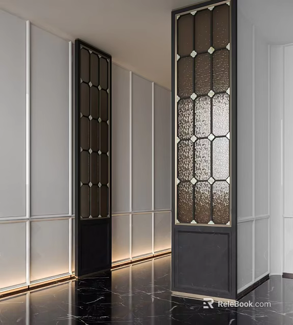Modern Decorative Screen Design With Geometric Pattern Glass Panel And Interior Hallway Lighting 3d model 