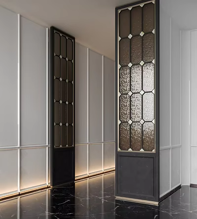 Modern Decorative Screen Design With Geometric Pattern Glass Panel And Interior Hallway Lighting 3d model