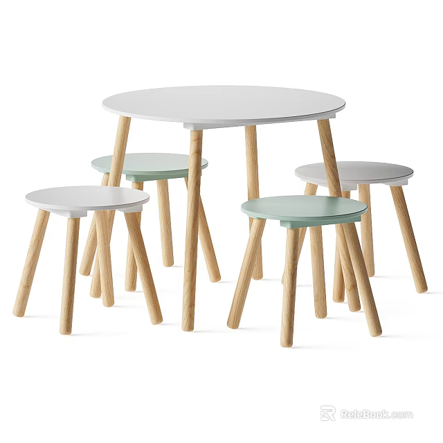 Round White Children's Table With Wooden Legs And Matching Light Green Stools 3d model
