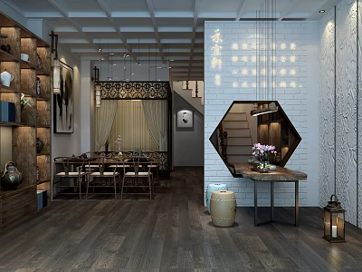 Traditional Chinese Tea House Interior With Wooden Furniture Chandeliers And Seating Area 3d model
