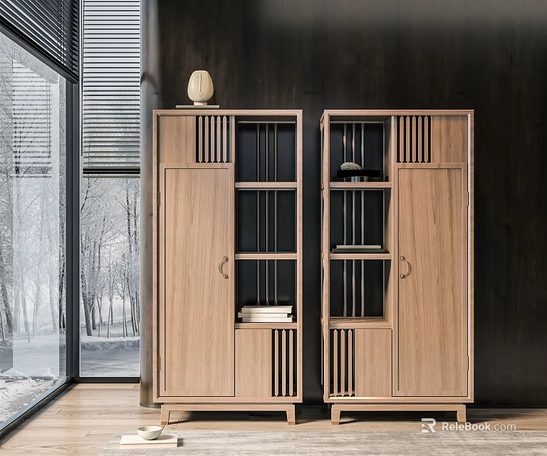 Modern Wooden Bookcase Design With Open Shelves Glass Doors And Storage In Bright Living Room 3d model 