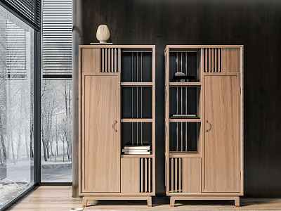 Modern Wooden Bookcase Design With Open Shelves Glass Doors And Storage In Bright Living Room 3d model