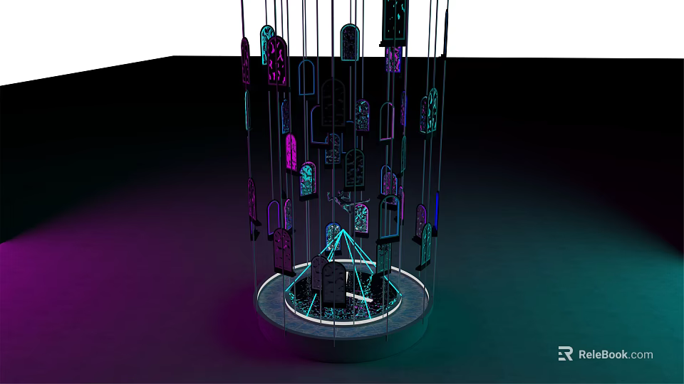 Contemporary Art Installation With Hanging Patterned Panels And Colorful Ambient Lighting 3d model 