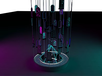 Contemporary Art Installation With Hanging Patterned Panels And Colorful Ambient Lighting 3d model