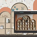 Wooden Arched Bookshelf With Multiple Compartments Star Decorations Deer Figurine Rabbit Toy And Photo Frame