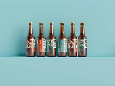 Six Brown Beer Bottles With Colorful Labels On Light Blue Background 3d model