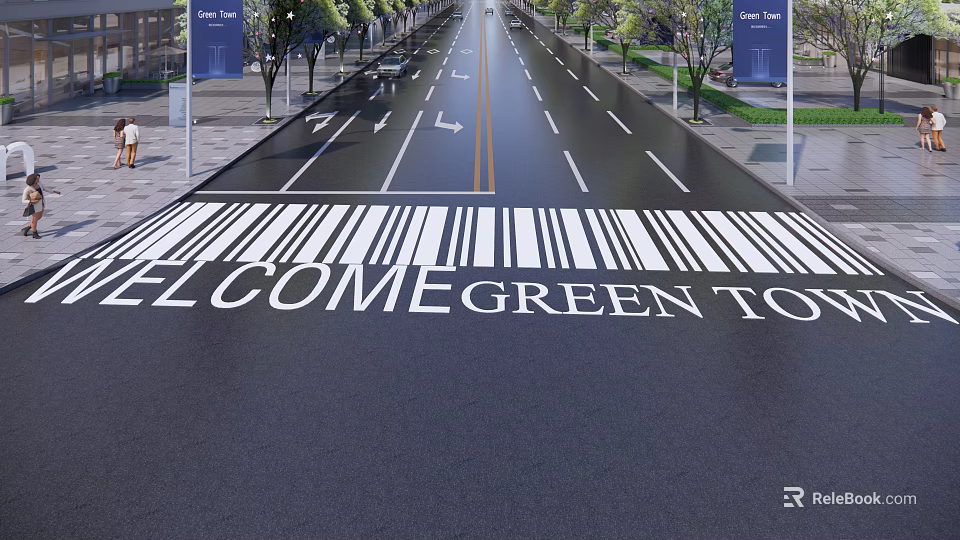 Road Infrastructure With Crosswalk Welcome Green Text Directional Arrows Lane Lines Street Lamps And Trees 3d model 