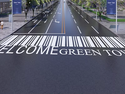 Road Infrastructure With Crosswalk Welcome Green Text Directional Arrows Lane Lines Street Lamps And Trees 3d model