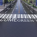 Road Infrastructure With Crosswalk Welcome Green Text Directional Arrows Lane Lines Street Lamps And Trees
