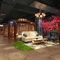 Elegant Private Room Interior With Wooden Decor Chandelier Sofa Coffee Table And Red Flowering Tree