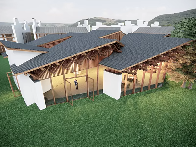 Modern Detached Villa With Black Sloped Roof Wooden Structure And Green Lawn 3d model
