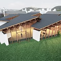 Modern Detached Villa With Black Sloped Roof Wooden Structure And Green Lawn