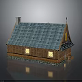 Small Traditional Wooden Cottage With Blue Roof Windows And Chimney