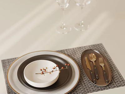 Elegant Dinnerware Set With White Bowl Black Plate Cutlery And Wine Glasses On Placemat 3d model
