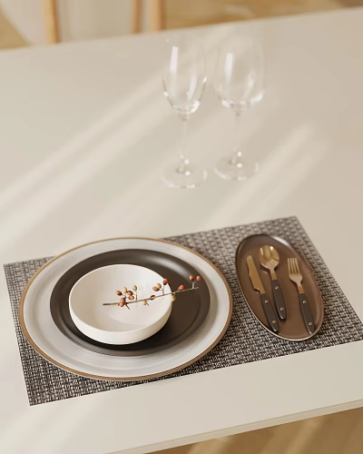 Elegant Dinnerware Set With White Bowl Black Plate Cutlery And Wine Glasses On Placemat 3d model