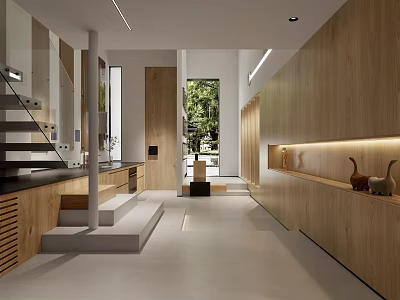Modern Open Kitchen Space Featuring Wooden Cabinets Island Counter And Natural Light 3d model