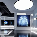 Innovative Tech Exhibition Hall Featuring Circular Stand Globe Digital Screens Data Charts Reflective Floor And Metallic Lights