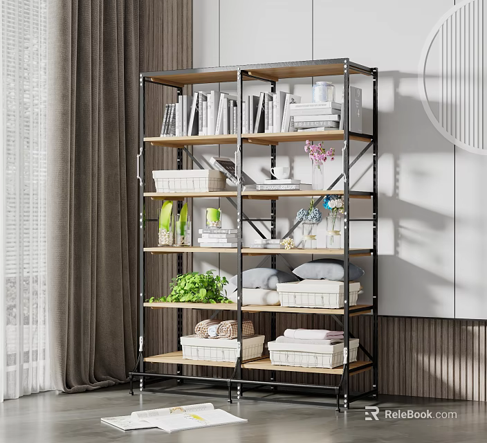 Multi Tier Storage Shelving Unit With Books Storage Bins Green Plants And Towels 3d model 