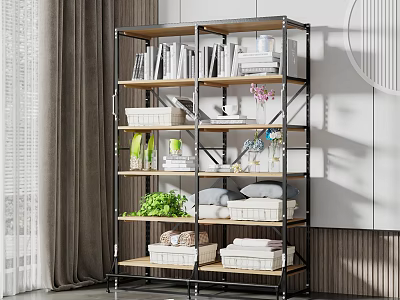 Multi Tier Storage Shelving Unit With Books Storage Bins Green Plants And Towels 3d model