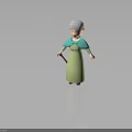 3D Elderly Woman Character With White Hair Green Dress And Turquoise Shawl Holding Cane Standing