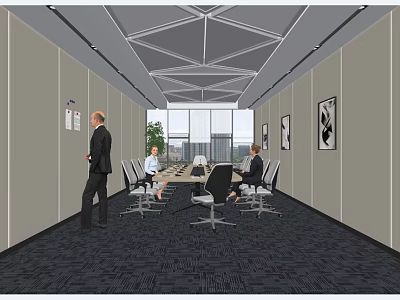 Modern Conference Room Interior With Large Windows People Discussing Around Meeting Table And Decorative Paintings 3d model