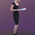 A Woman in Black Dress Holding an Open Book Against Purple Gradient Background