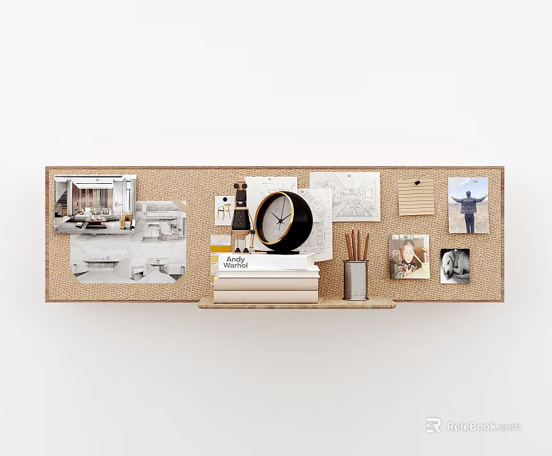 Decorative Ornament Combination With Wooden Board Clock Photos Books And Pen Holder For Wall Decor 3d model 
