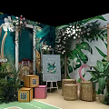 Tobacco and Alcohol Store Exhibition Booth with Green Plants Colorful Shelves