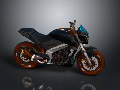 Stylish Modern Motorcycle In Black Featuring Brown Wheels Streamlined Body And Single Seat Design 3d model