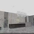 Modern Exhibition Hall Interior With Blue Sculpture Circular Decoration And Ceiling Line Lights