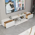 Modern White TV Stand Design With Decorative Items Storage Shelves And Wall Mounted TV