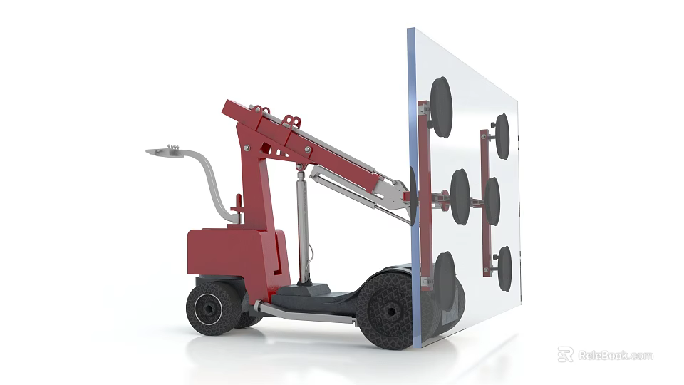 Red Wheeled Mechanical Device With Suction Cups Lifting Transparent Glass Panel 3d model