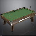 Wooden Billiard Table With Green Felt Surface Yellow Balls And Cue Stick