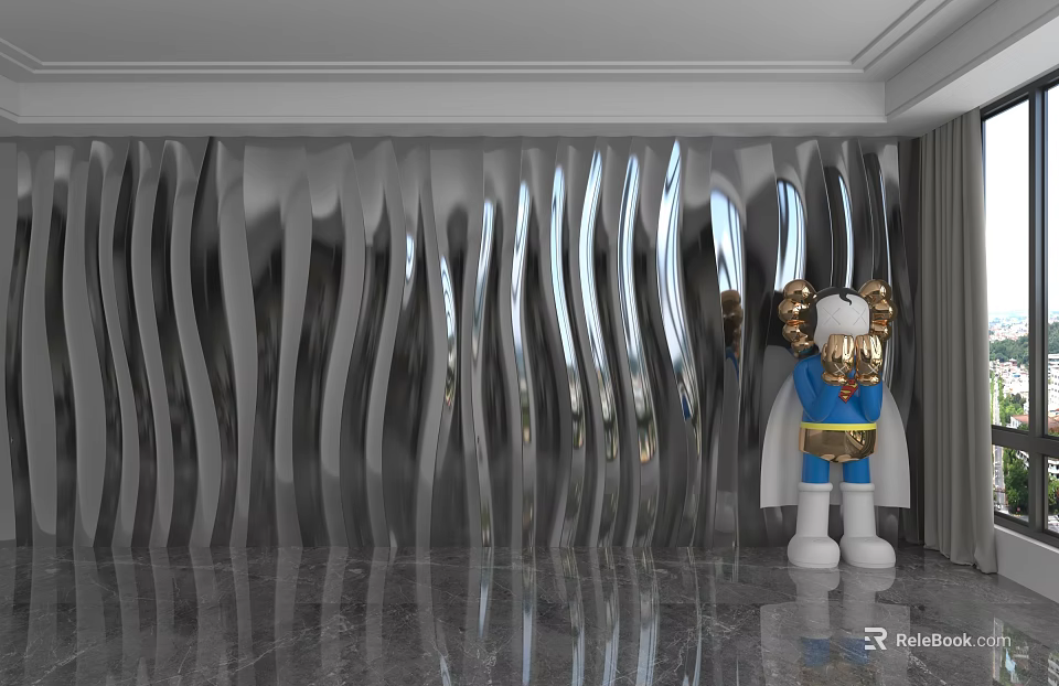 Stainless Steel Wavy Accent Wall with Marble Floor and Decorative Figurine 3d model 