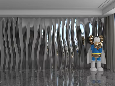 Stainless Steel Wavy Accent Wall with Marble Floor and Decorative Figurine 3d model