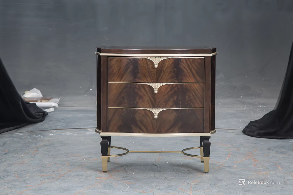 Classic Elegant Walnut Nightstand With Three Drawers And Gold Metal Legs 3d model 