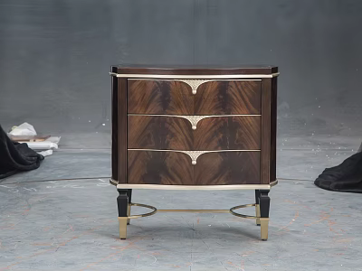 Classic Elegant Walnut Nightstand With Three Drawers And Gold Metal Legs 3d model
