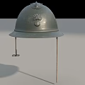 Vintage Military Helmet With Metal Construction And Emblem On Display Stand