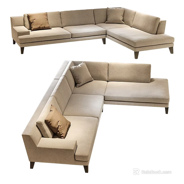 Beige L shaped Double Sofa With Comfortable Cushions For Modern Living Room 3d model
